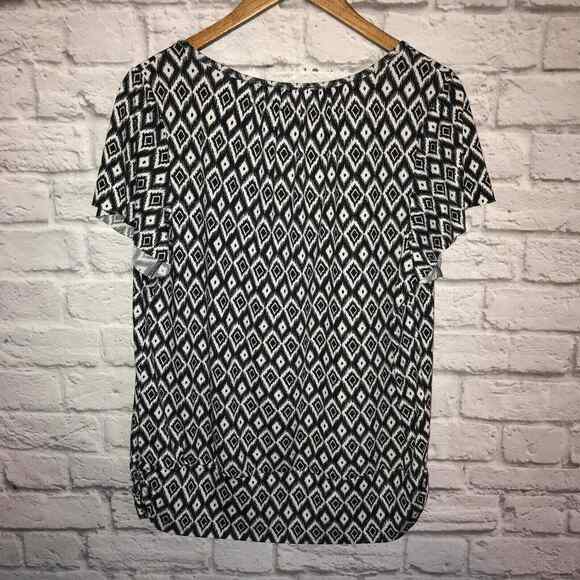 AB Studio blouse womens size XL black white key hole tie scoop neck short sleeve - Picture 4 of 8